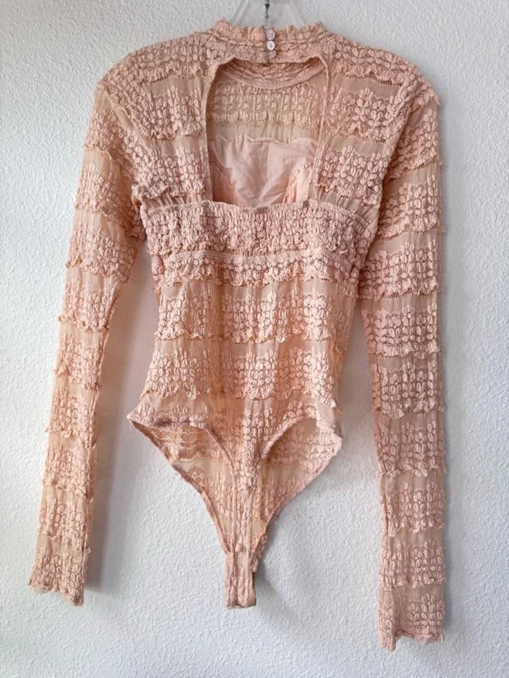 Free People Angelina Bodysuit Lace & Mesh Long-Sleeve Bodysuit M FLAWS